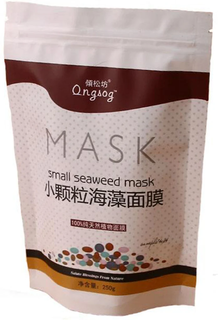 White stand-up pouch labeled MASK small seaweed mask with Chinese text