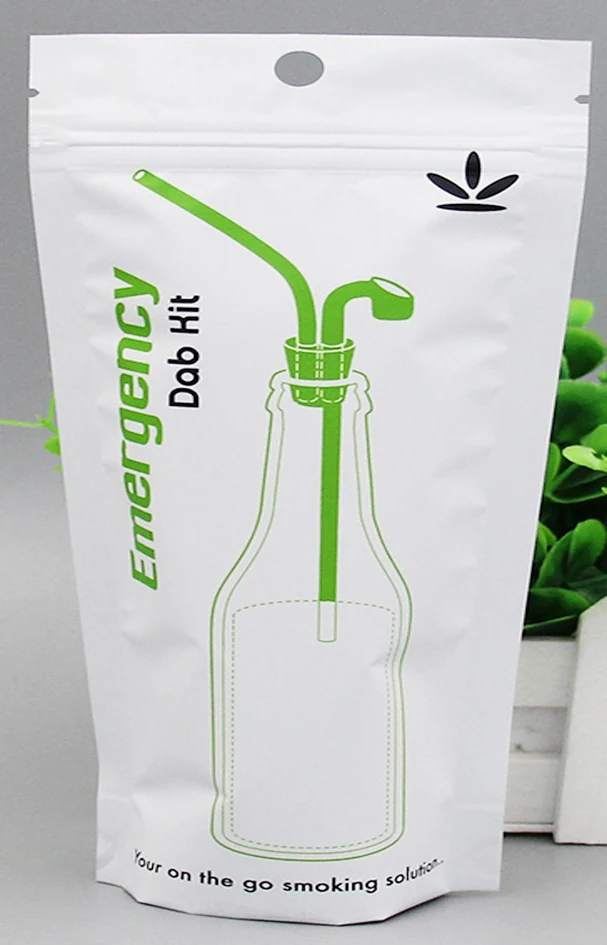 White stand-up pouch with green bottle graphic and Emergency Dab Hit text