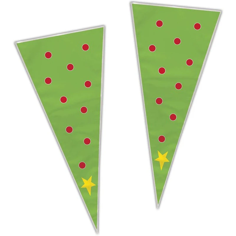 Two green cone-shaped Christmas tree bags with red dots and yellow star on white background