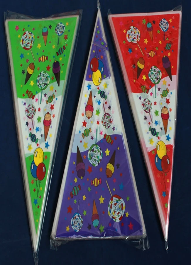 Three colorful triangular cone bags with ice cream, balloon and candy prints
