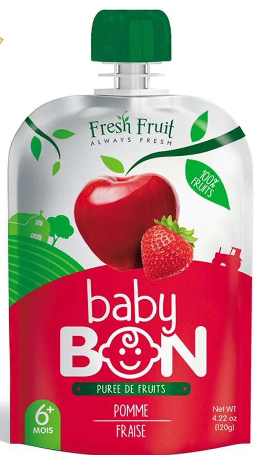 Baby fruit puree squeeze pouch with apple and strawberry on red and white packaging