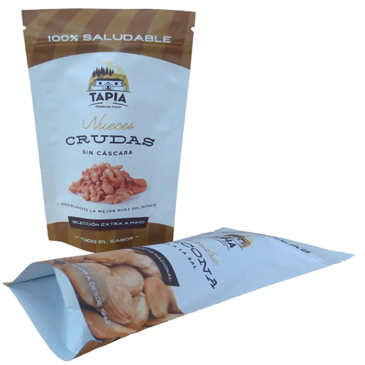 Two printed stand-up pouches for shelled raw walnuts on white background