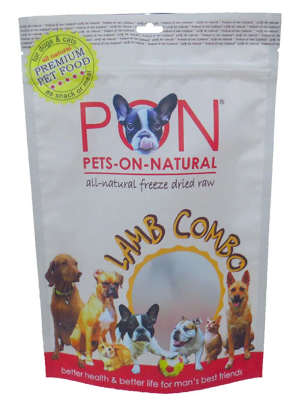 White PON Pets-On-Natural Lamb Combo pet food pouch with dog illustrations