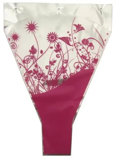 Pink floral printed cone-shaped plastic flower bouquet sleeve on white background