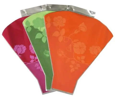 Three red, green and orange flower bouquet sleeves with rose print