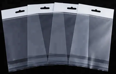Four clear plastic hang-tab packaging bags with white headers on black background