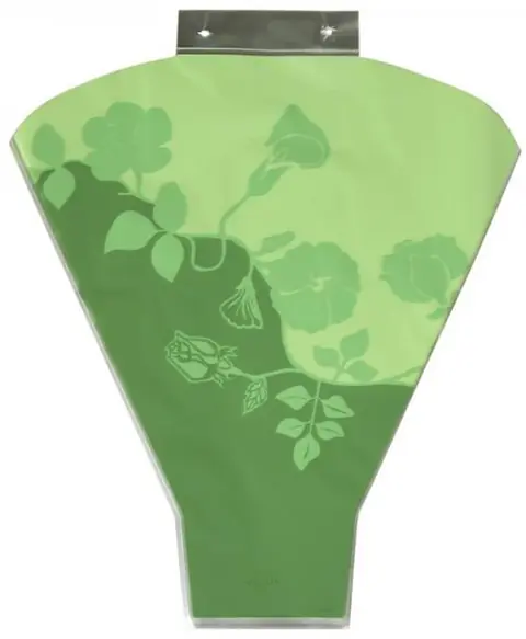 Green plastic flower bouquet sleeve with rose pattern on white background