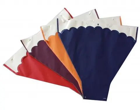 Five colorful cone-shaped flower sleeves fanned out on white background