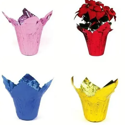 Four foil plant pot covers in pink, red, blue and yellow, one with red poinsettia