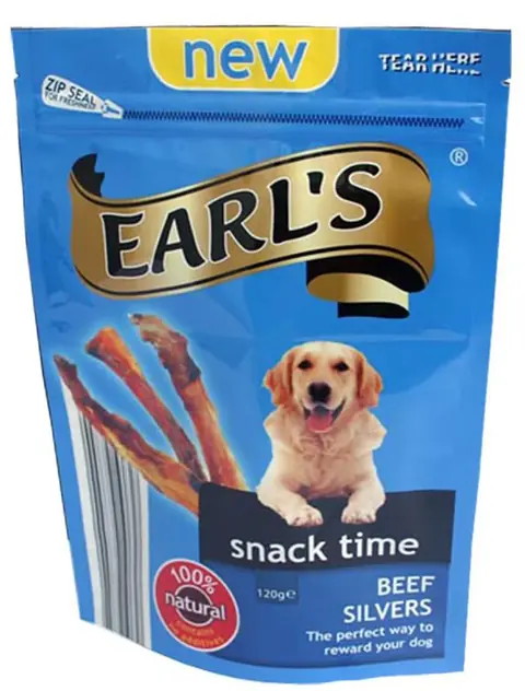 Blue pouch of Earl's Snack Time beef dog treats featuring a golden retriever