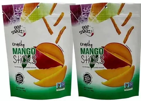 Two stand-up pouches of crunchy mango sticks with sliced mango graphics