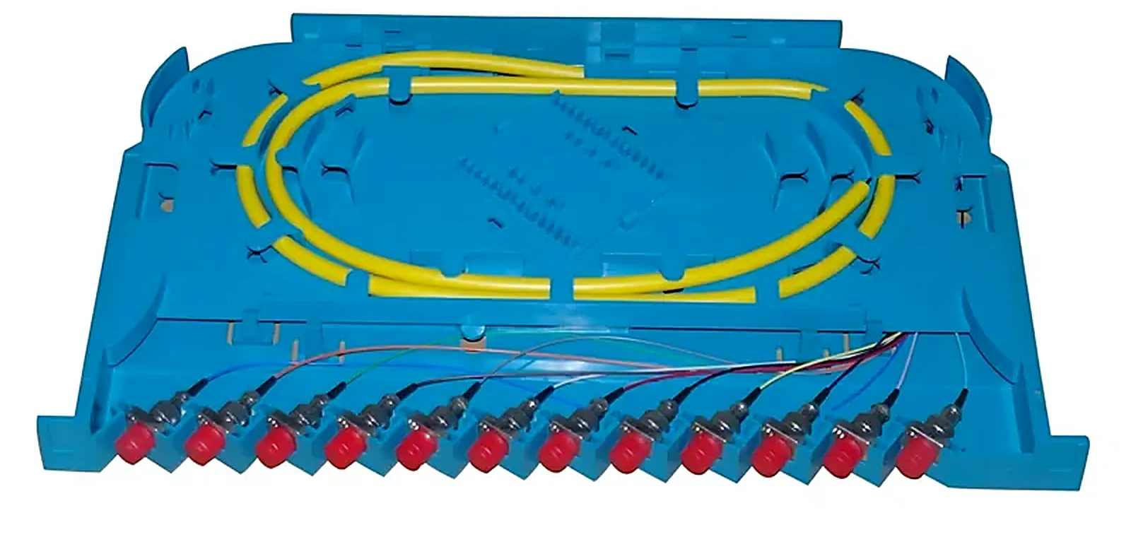 Fiber splice tray loaded with pigtails and routed fiber loops