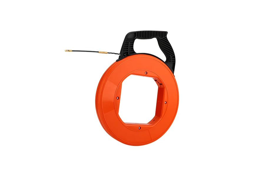 Orange cased fish tape reel with steel leader and carry handle