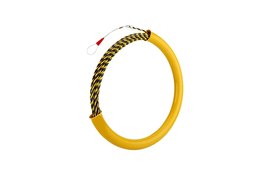 Three-core polyester fish tape with white strands coiled in a plastic case