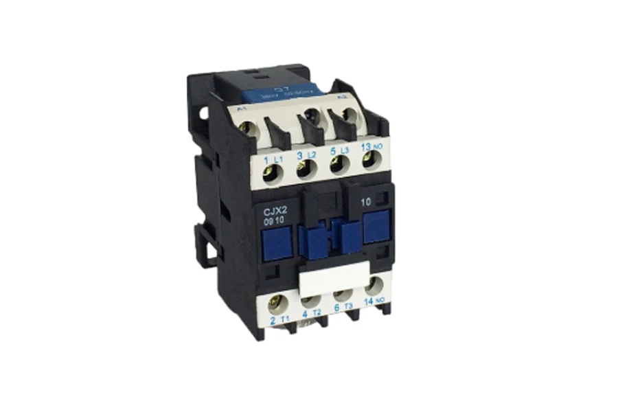 AC contactor mounted in a control panel, showing 3-pole terminals and coil connection