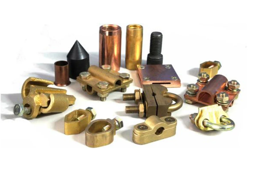 Earthing clamp shown with bolt and nut, ready for assembly