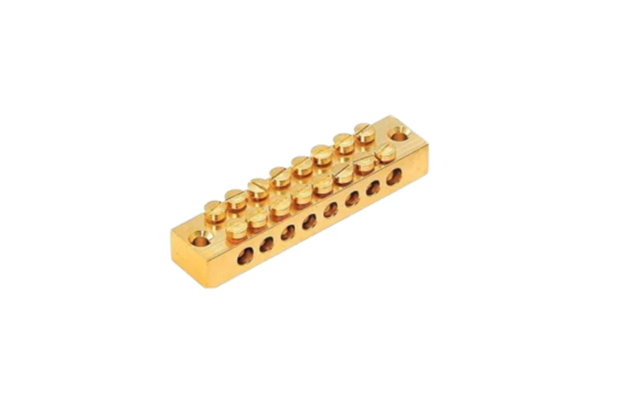 Brass neutral link bus bar mounted between two terminals in a distribution board
