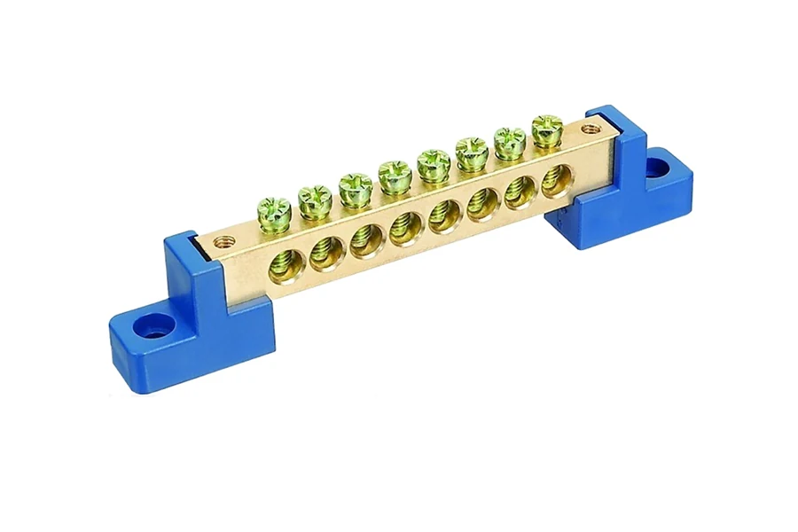 Brass neutral link bus bar mounted in a plastic distribution board enclosure