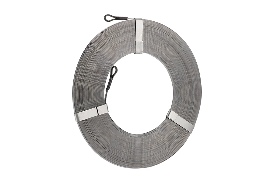 Steel cable puller with rigid metal tape coiled in its case, showing the eyelet end