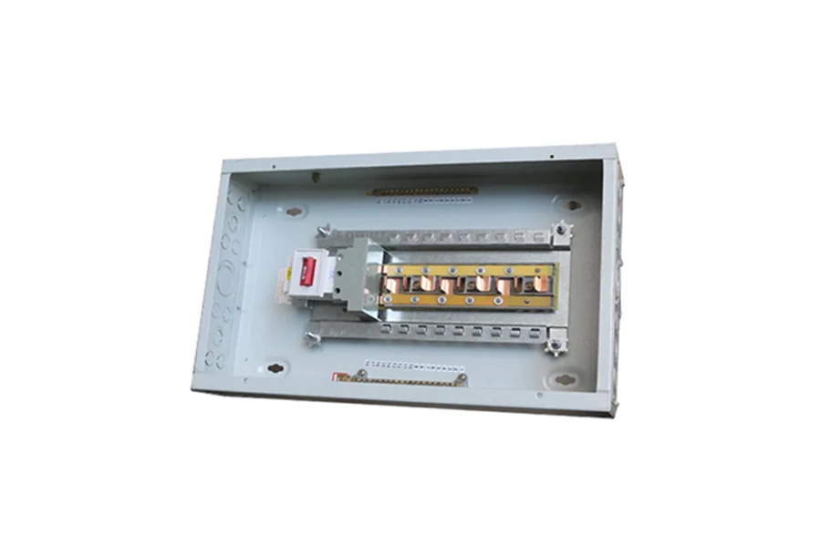 Metal distribution board electrical box in white or grey, showing 4, 6, 8, and 12-way configurations