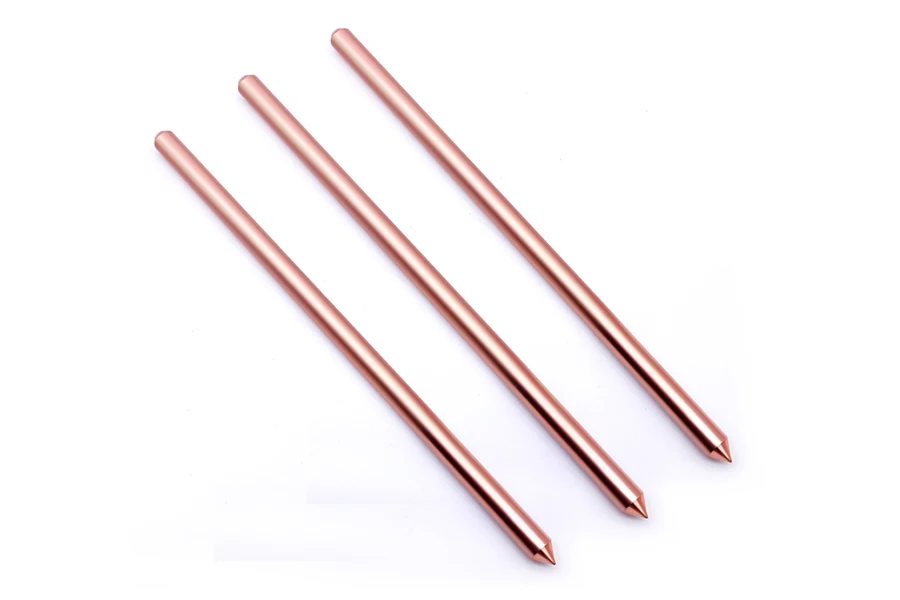 Earth rod displayed vertically, showing its length and surface texture, suitable for grounding applications