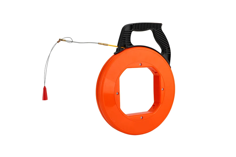 Red fiberglass cable puller rod with handle and hook at the end, coiled in a plastic case
