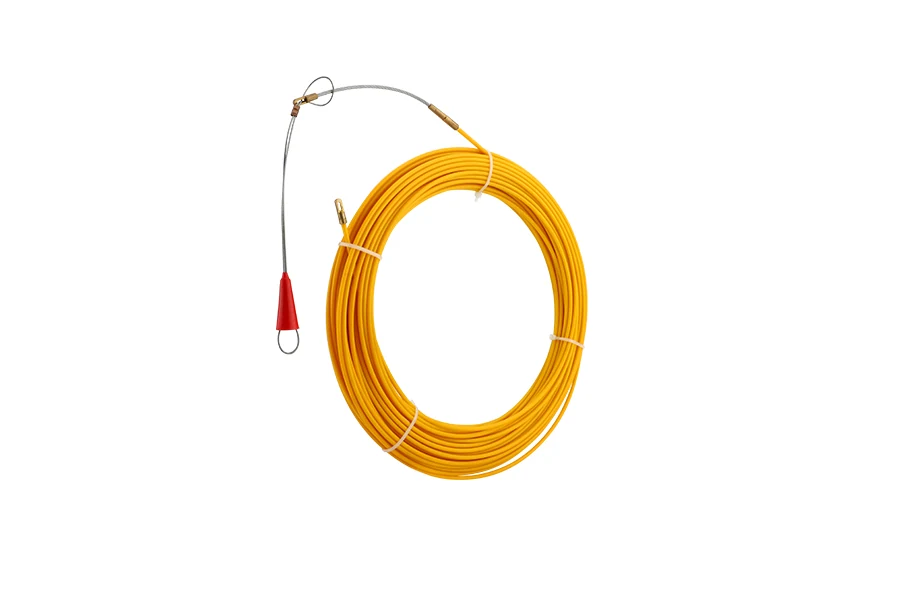 Fiberglass cable puller rod with pointed tip and rear handle, white in colour