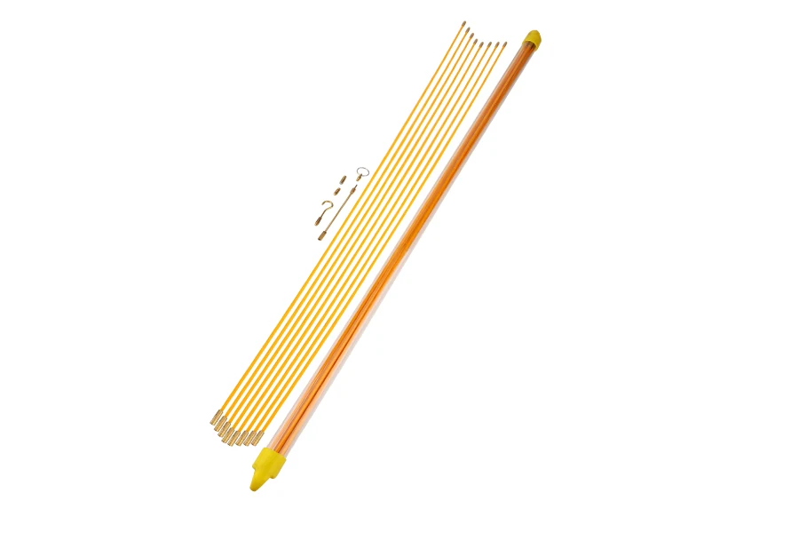 Fiberglass cable rod set with ten bright yellow 1 m rods connected end to end, showing brass connectors and acrylic joints