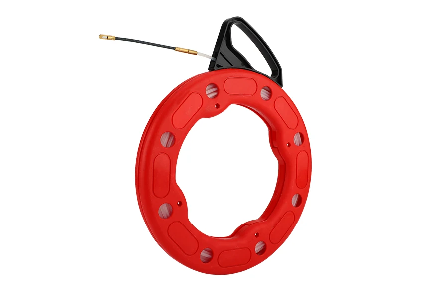 Red-handled nylon fish tape with coiled tape in its plastic case