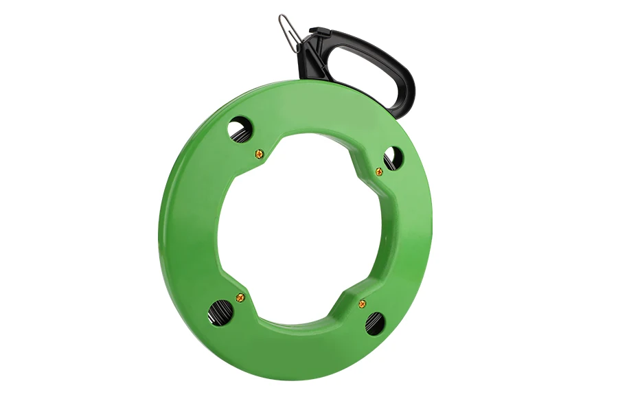 Steel fish tape with flexible steel leader and interchangeable terminals