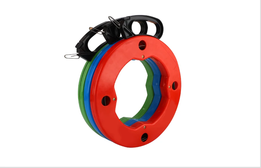 Steel fish tape with coiled rod and eyelet terminal