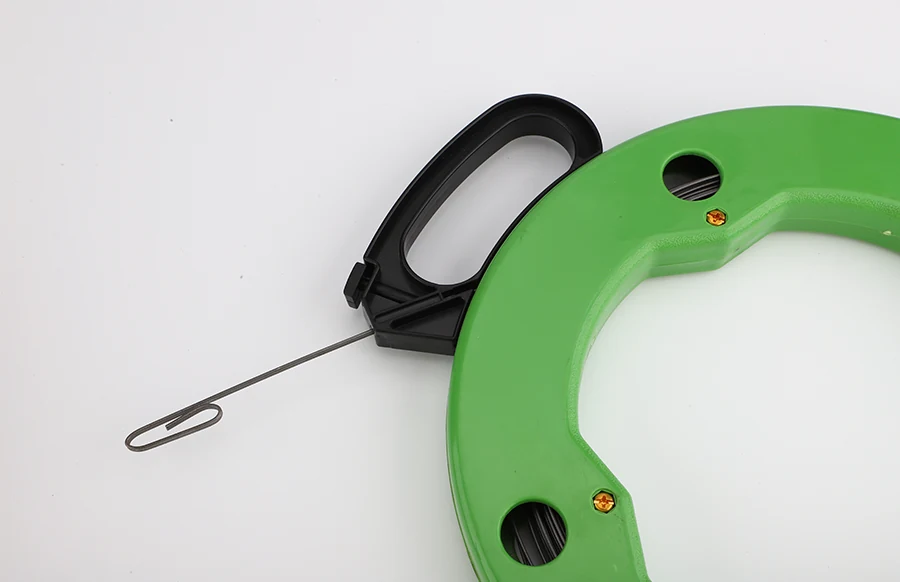 Steel fish tape with different terminal types attached