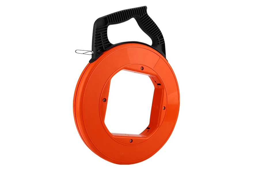Steel fish tape with orange body and flexible steel leader, coiled in a plastic case