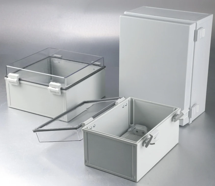 MG series waterproof junction boxes in several sizes with clear and grey lids