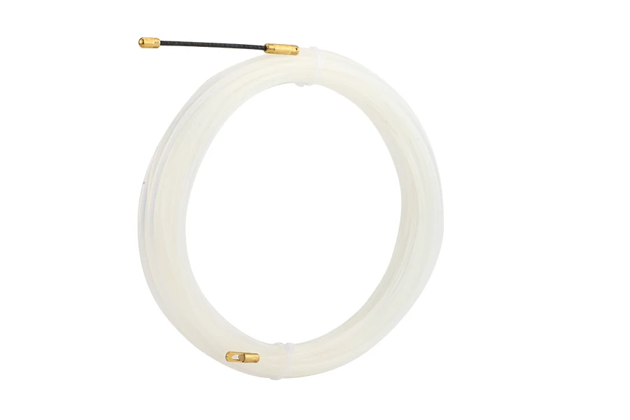 Nylon cable puller with white round tape coiled in its plastic case