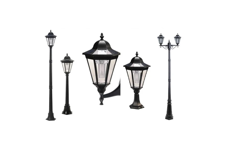 Solar garden light with stake-mounted design and solar panel on top, placed in a garden setting