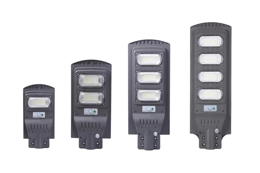 Integrated solar street light fittings in four sizes side by side