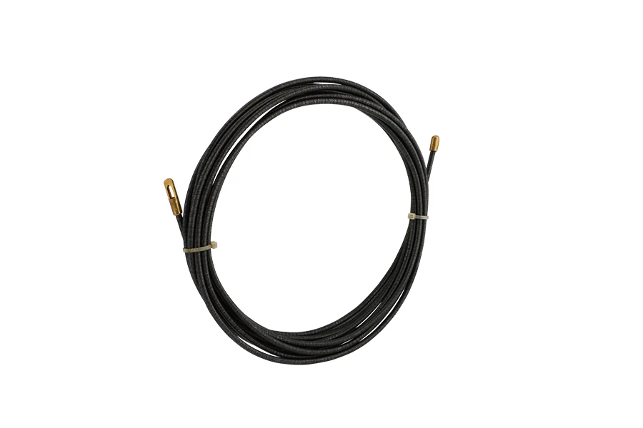 Spiral spring cable puller with steel hook and leader, coiled in its plastic case