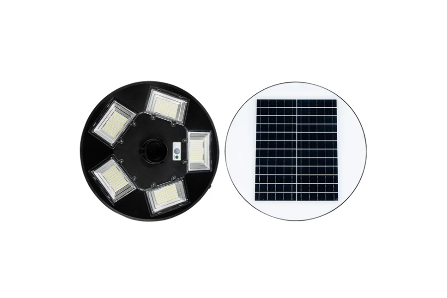 Close-up of the solar light showing the front face and mounting bracket