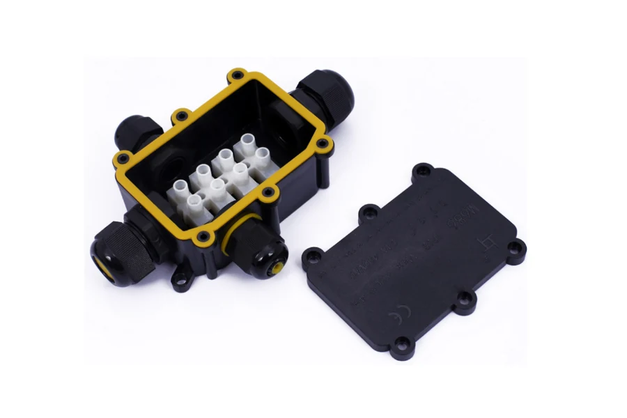 Waterproof connector with sealed cable entry, shown in a dry environment