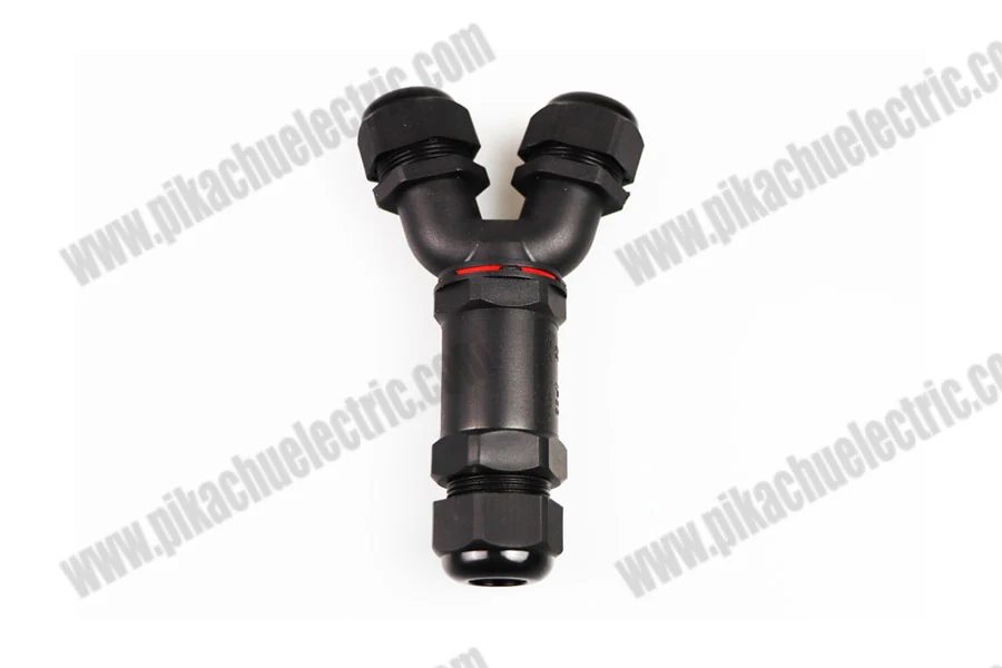 Waterproof connector with sealed housing and locking mechanism, shown in a close-up view