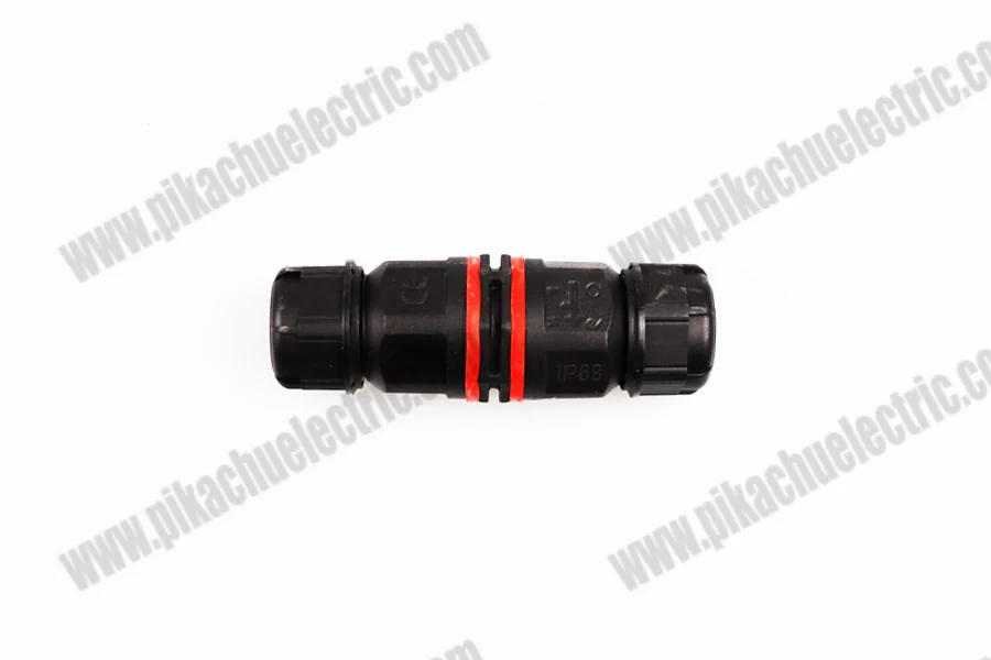 Waterproof connector with plastic housing, showing sealed joint and cable entry points