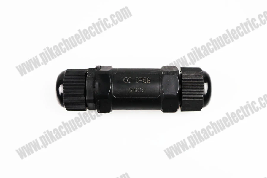 Waterproof connector with sealed housing and metal contacts, shown in a neutral background