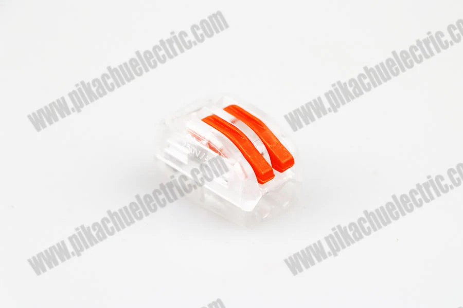 Side view of the wiring quick connector showing the plastic housing and wire entry points