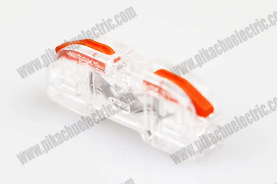 Side view of the wiring quick connector showing the plastic housing and wire entry points