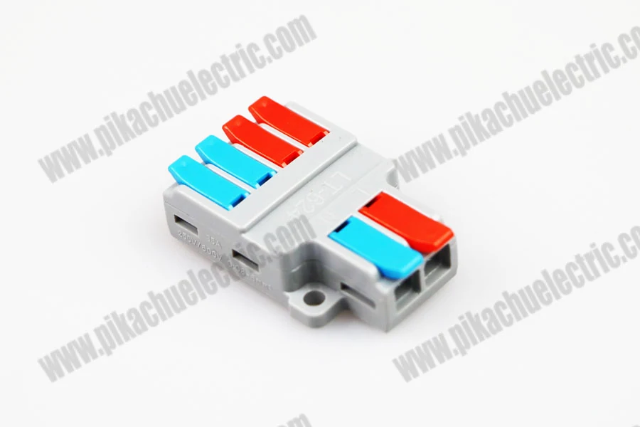 Side view of the wiring quick connector showing the plastic casing and wire entry points