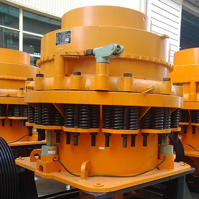 Symons style cone crusher assembled and painted in a workshop