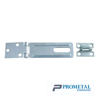 Steel safety hasp with concealed screws and rigid staple