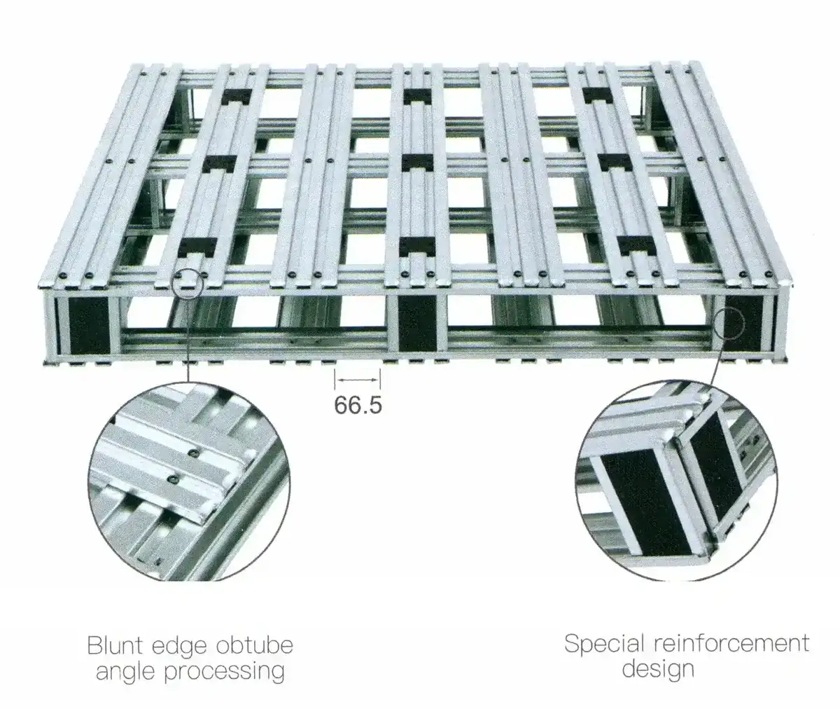 Double faced dismountable steel pallet showing the reinforced pillar design