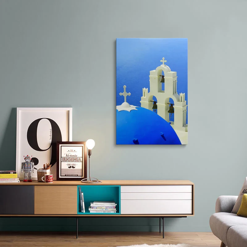 Agios Theodori Church canvas hung above a sideboard in a living room